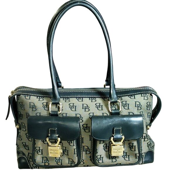 Dooney Bourke Dual Pockets Satchel Handbag Vintage Monogram Canvas Leather Trim - Picture 1 of 14